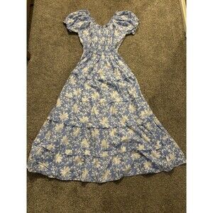 Pink City Prints Puff Sleeve Blue Floral Maxi Dress Smocked Size Large